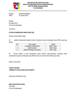 3 Contoh Surat Kutipan Yuran PIBG (PERCUMA)